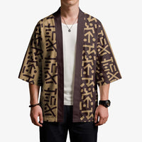 Tribe Script Kimono with Bold Mudcloth Symbols and Brown Tan Split Design - Wonder Print Shop
