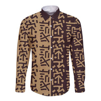 Tribe Script Long Sleeve Button Shirt with Bold Mudcloth Symbols and Brown Tan Split Design - Wonder Print Shop