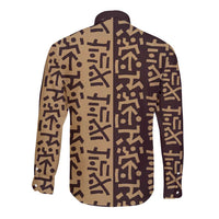 Tribe Script Long Sleeve Button Shirt with Bold Mudcloth Symbols and Brown Tan Split Design - Wonder Print Shop