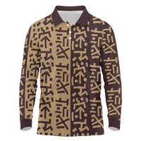 Tribe Script Long Sleeve Polo Shirt with Bold Mudcloth Symbols and Brown Tan Split Design - Wonder Print Shop
