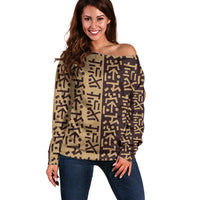 Tribe Script Off Shoulder Sweater with Bold Mudcloth Symbols and Brown Tan Split Design - Wonder Print Shop