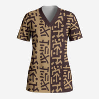 Tribe Script Scrub Top with Bold Mudcloth Symbols and Brown Tan Split Design - Wonder Print Shop