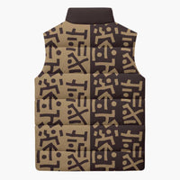 Tribe Script Sleeveless Puffer Jacket with Bold Mudcloth Symbols and Brown Tan Split Design - Wonder Print Shop
