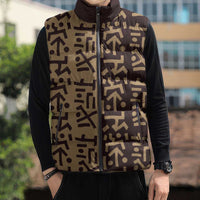 Tribe Script Sleeveless Puffer Jacket with Bold Mudcloth Symbols and Brown Tan Split Design - Wonder Print Shop