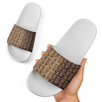Tribe Script Slide Sandals with Bold Mudcloth Symbols and Brown Tan Split Design - Wonder Print Shop