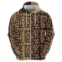 Tribe Script Zip Hoodie with Bold Mudcloth Symbols and Brown Tan Split Design - Wonder Print Shop