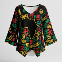 African Map Symbol Kimono Sleeve Blouse with Red Yellow Green Tribal Symbols and Empowering Pattern - Wonder Print Shop