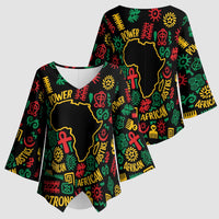 African Map Symbol Kimono Sleeve Blouse with Red Yellow Green Tribal Symbols and Empowering Pattern - Wonder Print Shop