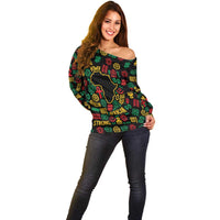 African Map Symbol Off Shoulder Sweater with Red Yellow Green Tribal Symbols and Empowering Pattern - Wonder Print Shop
