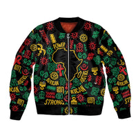African Map Symbol Sleeve Zip Bomber Jacket with Red Yellow Green Tribal Symbols and Empowering Pattern - Wonder Print Shop