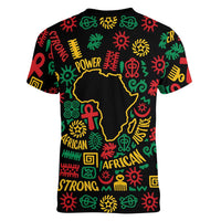 African Map Symbol Women V-Neck T-Shirt with Red Yellow Green Tribal Symbols and Empowering Pattern - Wonder Print Shop