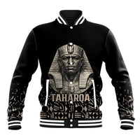 Taharqa Baseball Jacket with Black Pharaoh Portrait, 25th Dynasty of Egypt Text and Nubian-Inspired - Wonder Print Shop