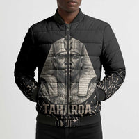 Taharqa Bomber Puffer Jacket with Black Pharaoh Portrait, 25th Dynasty of Egypt Text and Nubian-Inspired - Wonder Print Shop