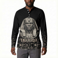 Taharqa Button Sweatshirt with Black Pharaoh Portrait, 25th Dynasty of Egypt Text and Nubian-Inspired