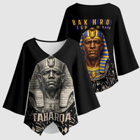 Taharqa Kimono Sleeve Blouse with Black Pharaoh Portrait, 25th Dynasty of Egypt Text and Nubian-Inspired - Wonder Print Shop
