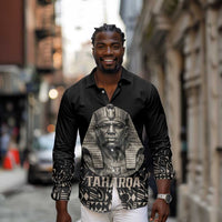 Taharqa Long Sleeve Button Shirt with Black Pharaoh Portrait, 25th Dynasty of Egypt Text and Nubian-Inspired - Wonder Print Shop