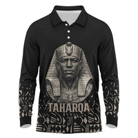 Taharqa Long Sleeve Polo Shirt with Black Pharaoh Portrait, 25th Dynasty of Egypt Text and Nubian-Inspired - Wonder Print Shop