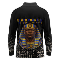 Taharqa Long Sleeve Polo Shirt with Black Pharaoh Portrait, 25th Dynasty of Egypt Text and Nubian-Inspired - Wonder Print Shop
