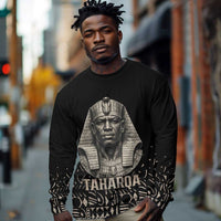 Taharqa Long Sleeve Shirt with Black Pharaoh Portrait, 25th Dynasty of Egypt Text and Nubian-Inspired - Wonder Print Shop