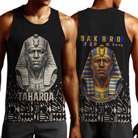 Taharqa Men Tank Top with Black Pharaoh Portrait, 25th Dynasty of Egypt Text and Nubian-Inspired - Wonder Print Shop