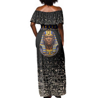 Taharqa Off Shoulder Maxi Dress with Black Pharaoh Portrait, 25th Dynasty of Egypt Text and Nubian-Inspired - Wonder Print Shop