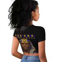 Taharqa Raglan Cropped T shirt with Black Pharaoh Portrait, 25th Dynasty of Egypt Text and Nubian-Inspired - Wonder Print Shop