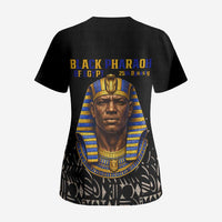 Taharqa Scrub Top with Black Pharaoh Portrait, 25th Dynasty of Egypt Text and Nubian-Inspired - Wonder Print Shop