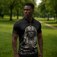 Taharqa Zipper Polo Shirt with Black Pharaoh Portrait, 25th Dynasty of Egypt Text and Nubian-Inspired - Wonder Print Shop