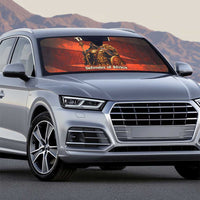Taharqa Auto Sun Shade with Warrior Portrait, Lion of Kush Title and Bold Red Defender of Africa - Wonder Print Shop