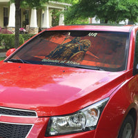 Taharqa Auto Sun Shade with Warrior Portrait, Lion of Kush Title and Bold Red Defender of Africa - Wonder Print Shop