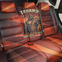 Taharqa Back Car Seat Cover with Warrior Portrait, Lion of Kush Title and Bold Red Defender of Africa - Wonder Print Shop