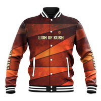 Taharqa Baseball Jacket with Warrior Portrait, Lion of Kush Title and Bold Red Defender of Africa - Wonder Print Shop