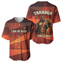 Taharqa Baseball Jersey with Warrior Portrait, Lion of Kush Title and Bold Red Defender of Africa - Wonder Print Shop
