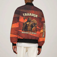 Taharqa Bomber Jacket with Warrior Portrait, Lion of Kush Title and Bold Red Defender of Africa - Wonder Print Shop