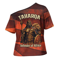 Taharqa Cross Shoulder Shirt with Warrior Portrait, Lion of Kush Title and Bold Red Defender of Africa - Wonder Print Shop