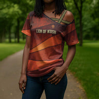 Taharqa Cross Shoulder Shirt with Warrior Portrait, Lion of Kush Title and Bold Red Defender of Africa - Wonder Print Shop