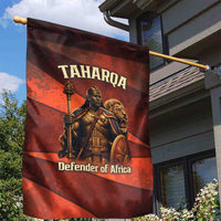 Taharqa Garden Flag with Warrior Portrait, Lion of Kush Title and Bold Red Defender of Africa - Wonder Print Shop