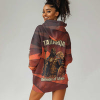 Taharqa Hoodie Dress with Warrior Portrait, Lion of Kush Title and Bold Red Defender of Africa - Wonder Print Shop