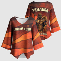 Taharqa Kimono Sleeve Blouse with Warrior Portrait, Lion of Kush Title and Bold Red Defender of Africa - Wonder Print Shop