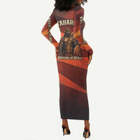 Taharqa Long Sleeve Bodycon Dress with Warrior Portrait, Lion of Kush Title and Bold Red Defender of Africa - Wonder Print Shop