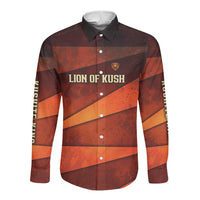 Taharqa Long Sleeve Button Shirt with Warrior Portrait, Lion of Kush Title and Bold Red Defender of Africa - Wonder Print Shop