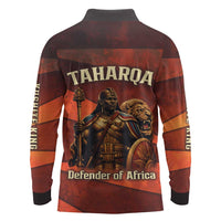 Taharqa Long Sleeve Polo Shirt with Warrior Portrait, Lion of Kush Title and Bold Red Defender of Africa - Wonder Print Shop