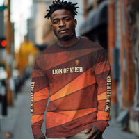 Taharqa Long Sleeve Shirt with Warrior Portrait, Lion of Kush Title and Bold Red Defender of Africa - Wonder Print Shop