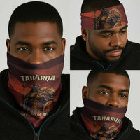 Taharqa Neck Gaiter with Warrior Portrait, Lion of Kush Title and Bold Red Defender of Africa - Wonder Print Shop