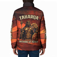 Taharqa Padded Jacket with Warrior Portrait, Lion of Kush Title and Bold Red Defender of Africa - Wonder Print Shop