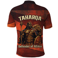 Taharqa Polo Shirt with Warrior Portrait, Lion of Kush Title and Bold Red Defender of Africa - Wonder Print Shop