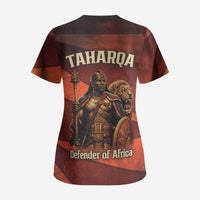 Taharqa Scrub Top with Warrior Portrait, Lion of Kush Title and Bold Red Defender of Africa - Wonder Print Shop