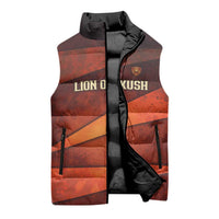 Taharqa Sleeveless Puffer Jacket with Warrior Portrait, Lion of Kush Title and Bold Red Defender of Africa - Wonder Print Shop