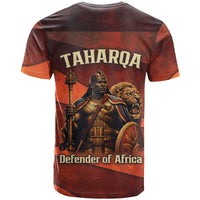 Taharqa T shirt with Warrior Portrait, Lion of Kush Title and Bold Red Defender of Africa - Wonder Print Shop