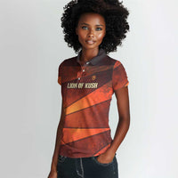 Taharqa Women Polo Shirt with Warrior Portrait, Lion of Kush Title and Bold Red Defender of Africa - Wonder Print Shop